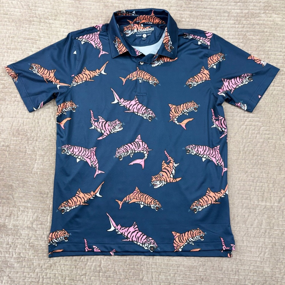 Chubbies Mens‎ Small Tiger Shark Performance Polo Shirt Navy Blue Stretch Golf